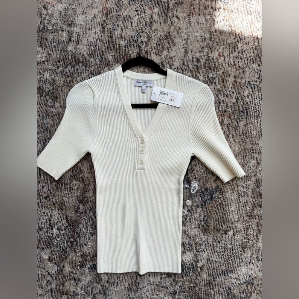 NWT Michael Stars Cream Ribbed V-Neck Sweater Top sz S